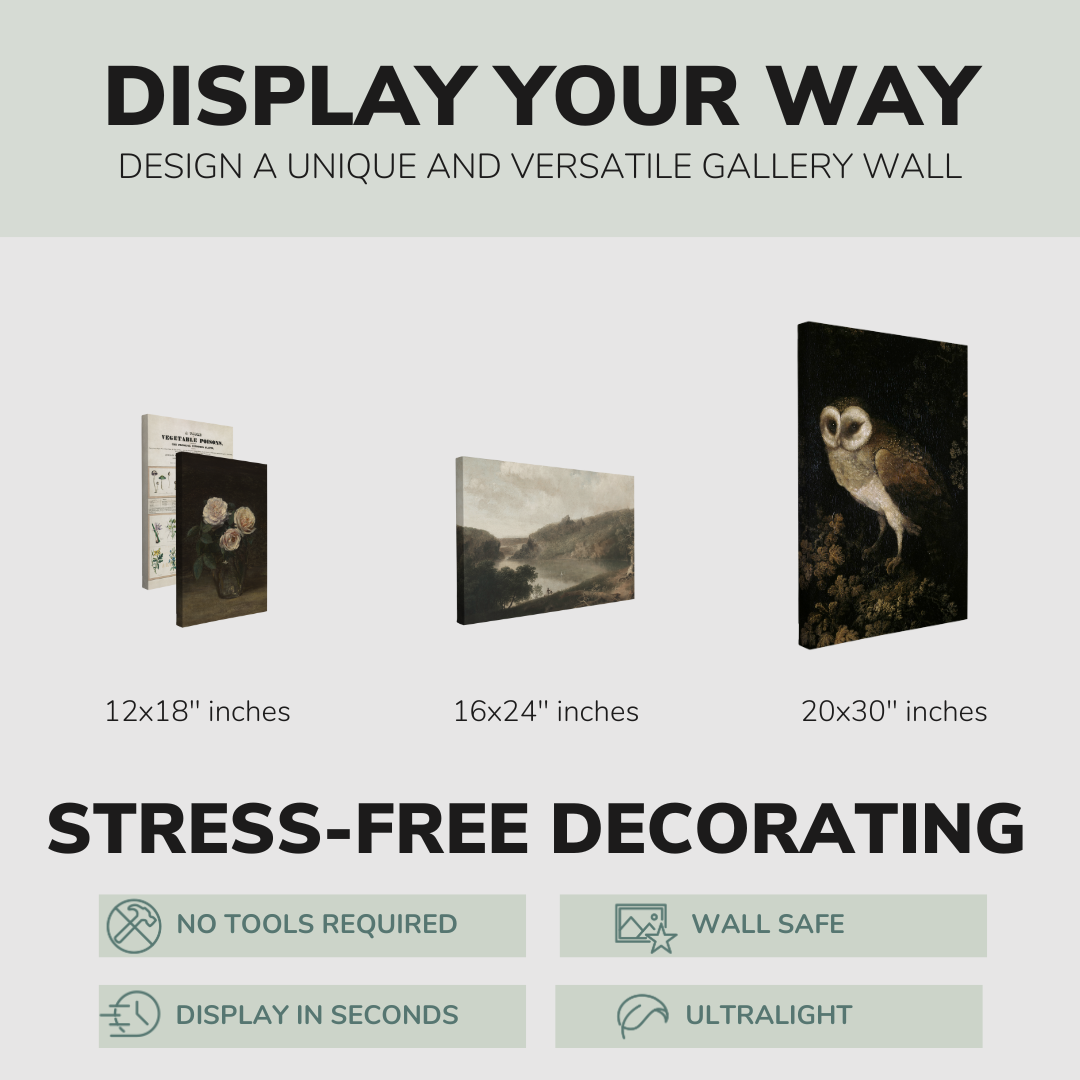 Set of 4”, 2:3 easy to hang canvas prints on a graphic displaying the sizes (12x18”, 16x24” or 20x30”) of the four canvases offered in this pack. Also includes bullets on the stress-free decorating Whelhung offers, "no tools required", "wall safe", "display in seconds" and "ultralight."