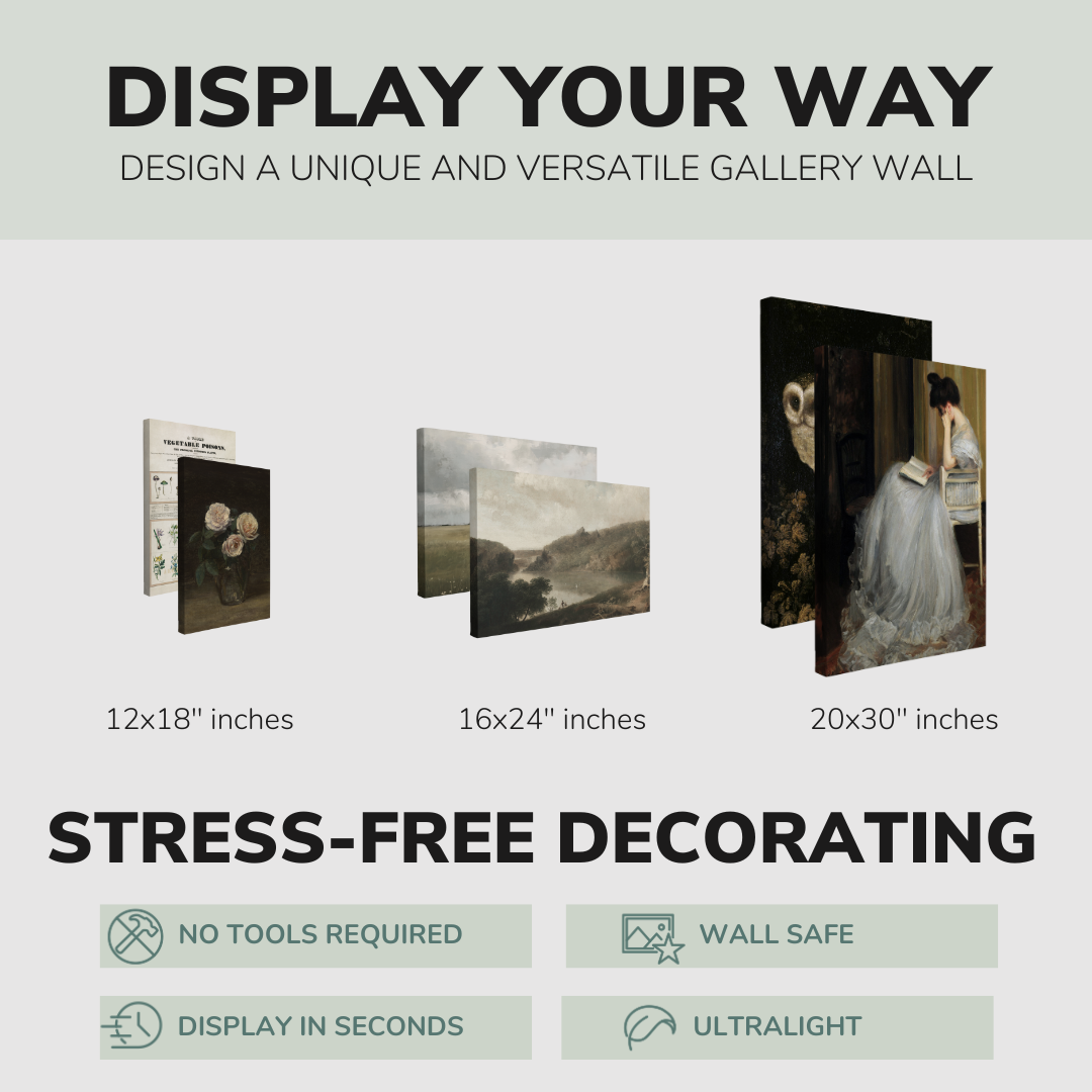 Set of 6”, 2:3 easy to hang canvas prints on a graphic displaying the sizes (12x18”, 16x24” or 20x30”) of the four canvases offered in this pack. Also includes bullets on the stress-free decorating Whelhung offers, "no tools required", "wall safe", "display in seconds" and "ultralight."