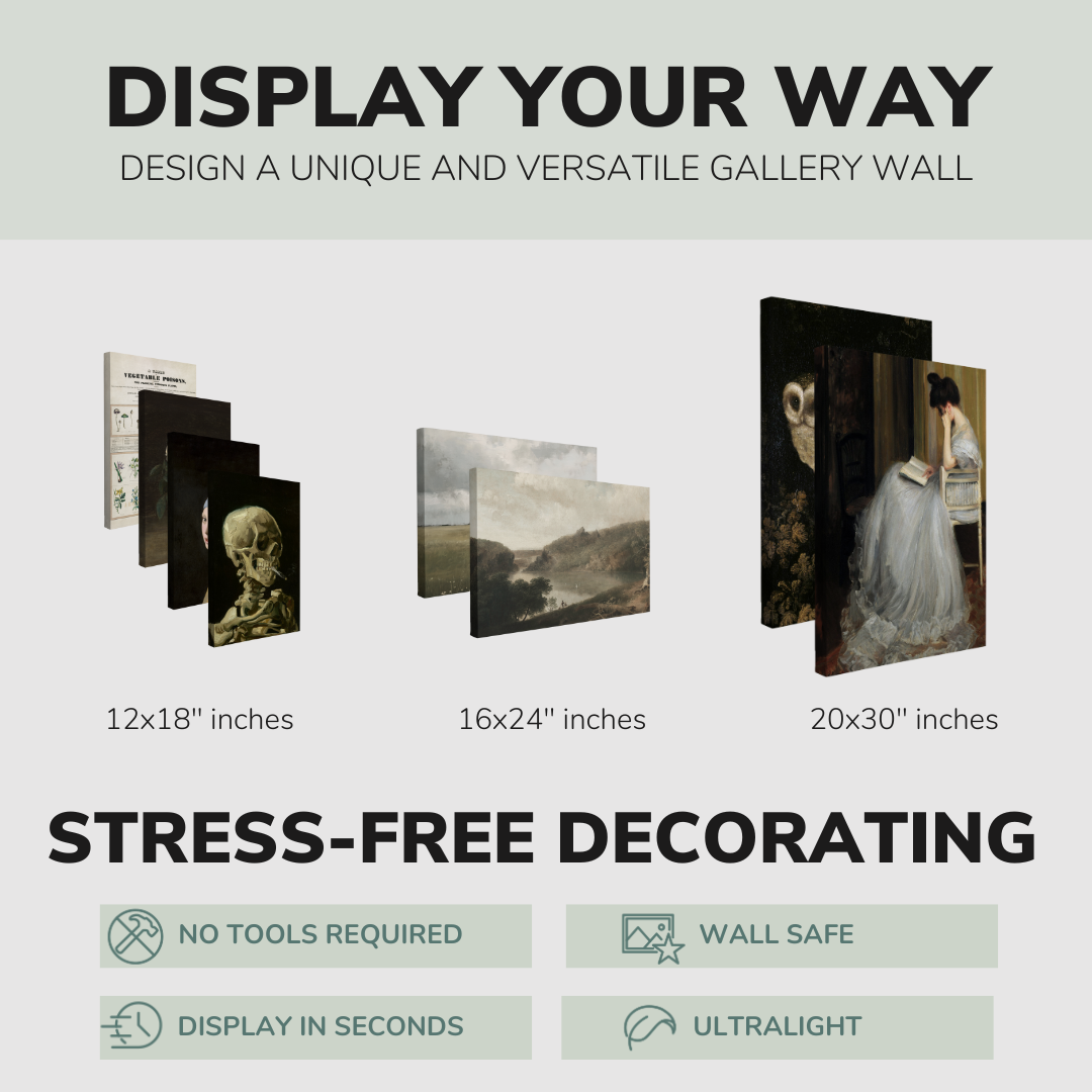 Set of 8”, 2:3 easy to hang canvas prints on a graphic displaying the sizes (12x18”, 16x24” or 20x30”) of the four canvases offered in this pack. Also includes bullets on the stress-free decorating Whelhung offers, "no tools required", "wall safe", "display in seconds" and "ultralight."