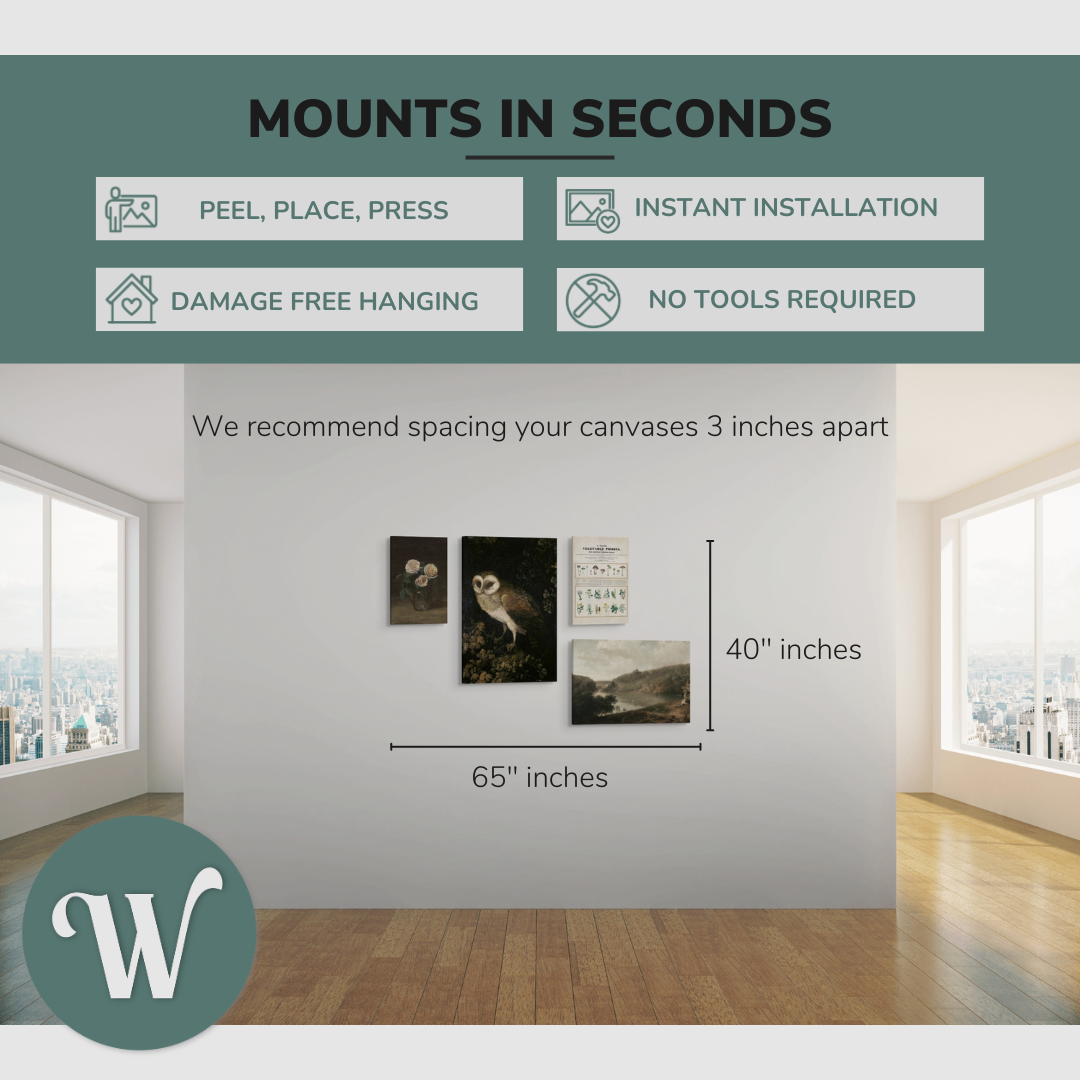 graphic showing a lifestyle of the 4 pack canvases on a blank white wall with the overall size of the gallery wall, 65x40" inches. Says: “Mounts in seconds”, and the bullets: "peel, place, press", "instant installation", "damage free hanging" and "no tools required."