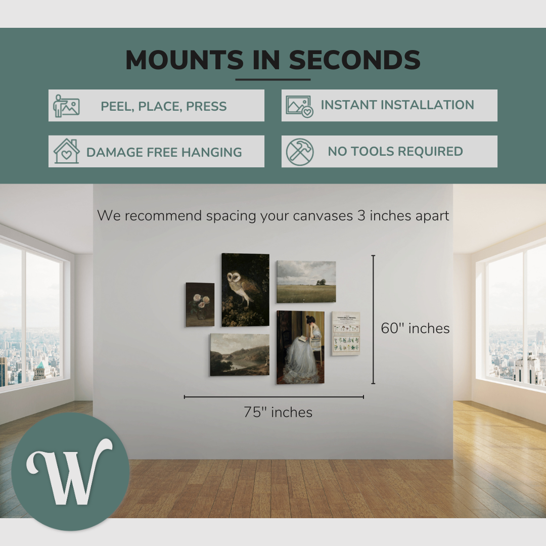 graphic showing a lifestyle of the 6 pack canvases on a blank white wall with the overall size of the gallery wall, 75x60" inches. Says: “Mounts in seconds”, and the bullets: "peel, place, press", "instant installation", "damage free hanging" and "no tools required."