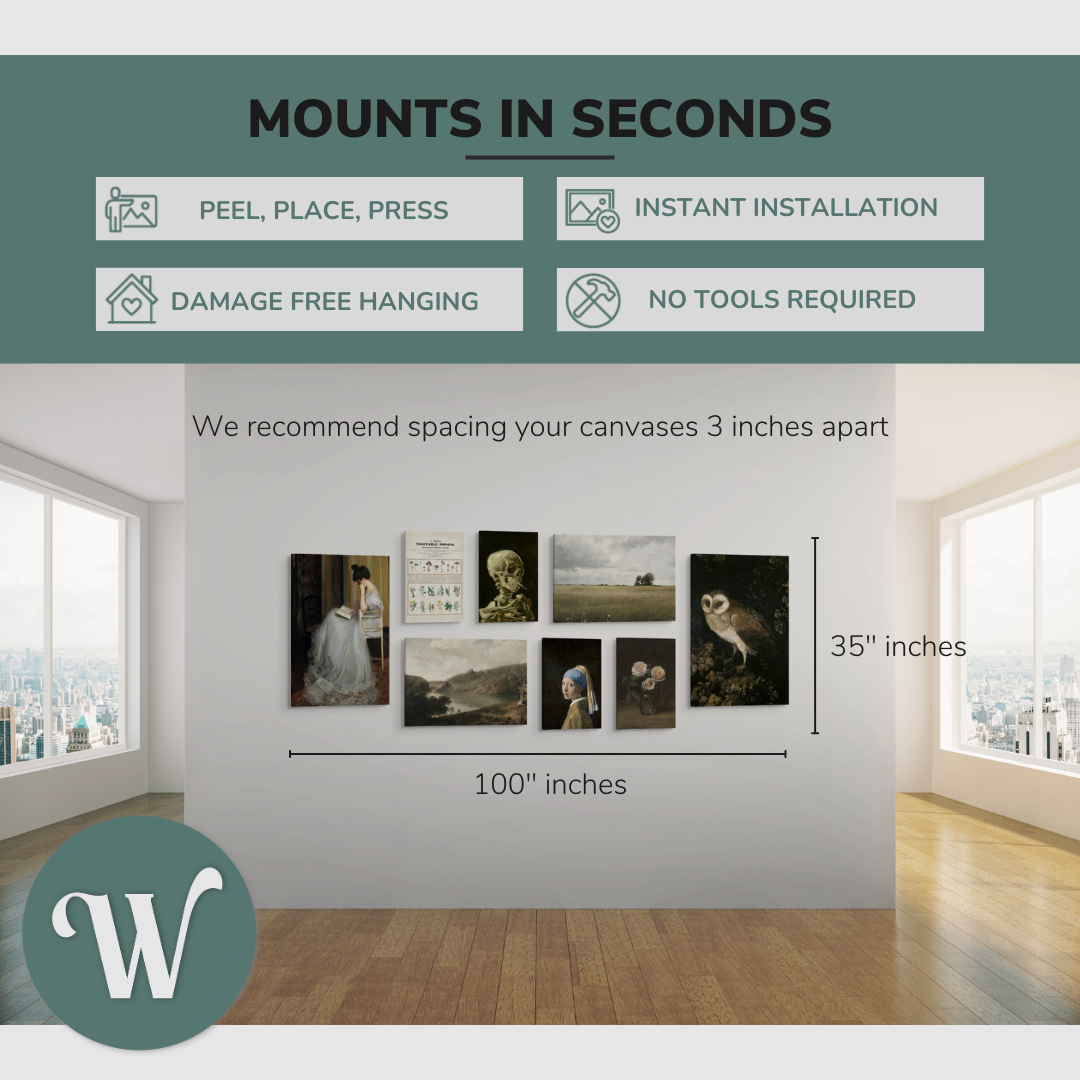 graphic showing a lifestyle of the 8 pack canvases on a blank white wall with the overall size of the gallery wall, 100x35" inches. Says: “Mounts in seconds”, and the bullets: "peel, place, press", "instant installation", "damage free hanging" and "no tools required."