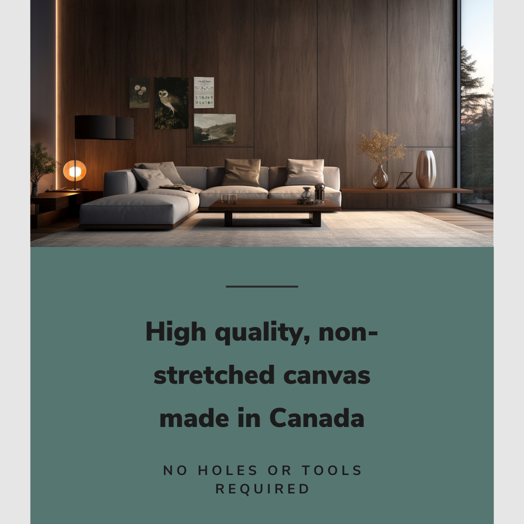 Lifestyle image of the 4 pack gallery wall with easy to hang canvas wall art hung in a dark but cozy modern living room above a large couch with graphic saying "High quality, non-stretched canvas made in Canada"