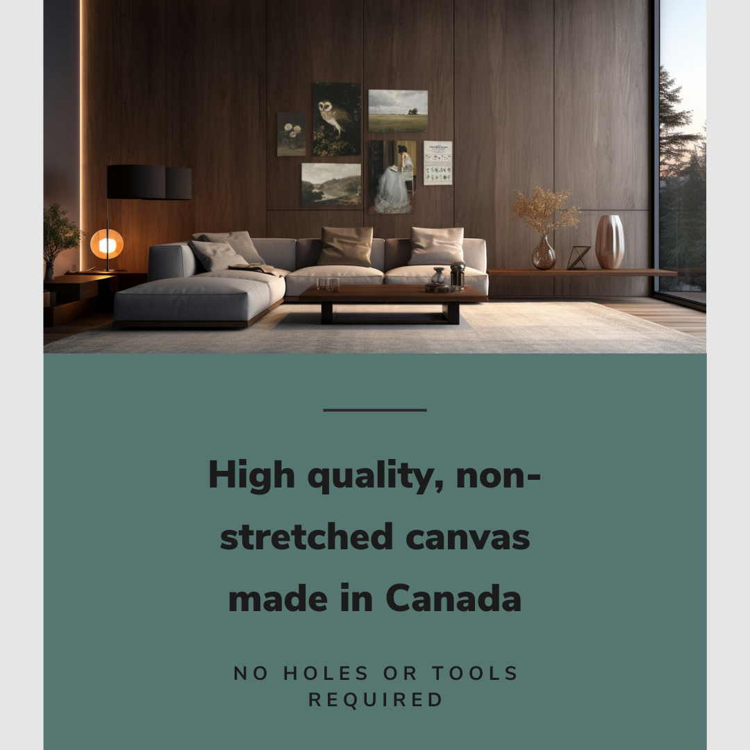 Lifestyle image of the 6 pack gallery wall with easy to hang canvas wall art hung in a dark but cozy modern living room above a large couch with graphic saying "High quality, non-stretched canvas made in Canada"