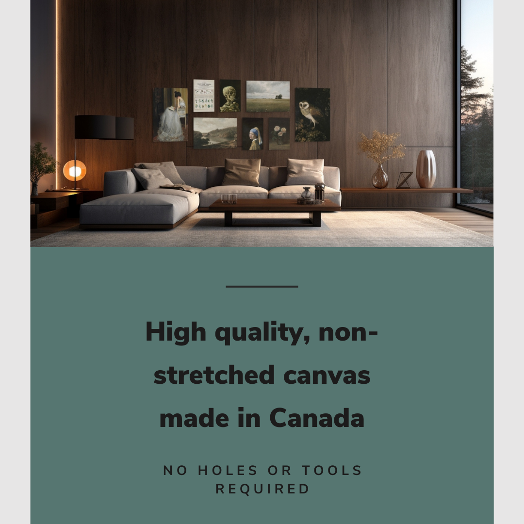 Lifestyle image of the 8 pack gallery wall with easy to hang canvas wall art hung in dark but cozy modern living room above a large couch with graphic saying "High quality, non-stretched canvas made in Canada"