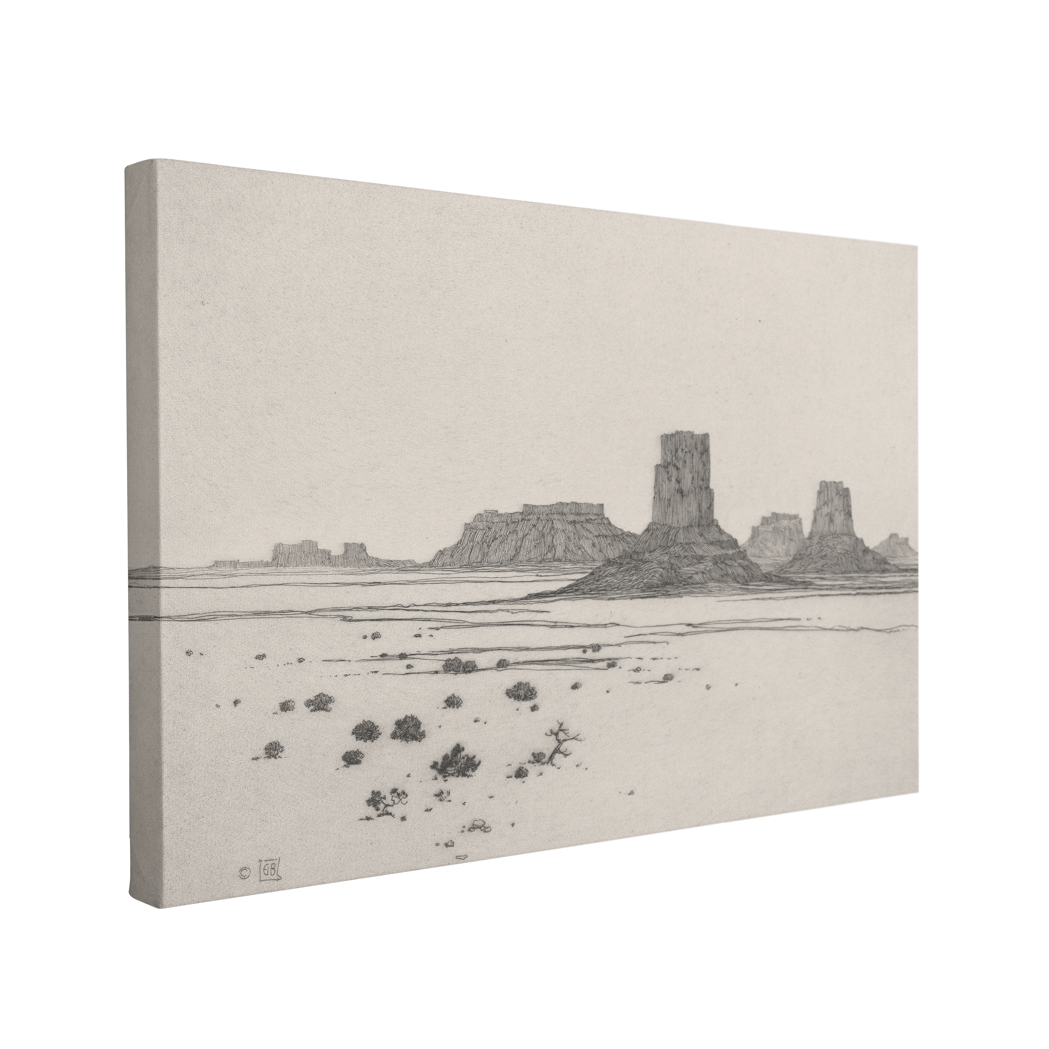Single, 2:3 horizontal easy to hang canvas print on a transparent background featuring an image of a sketch etching of mountains, called Buttes, in a desert in black and white.
