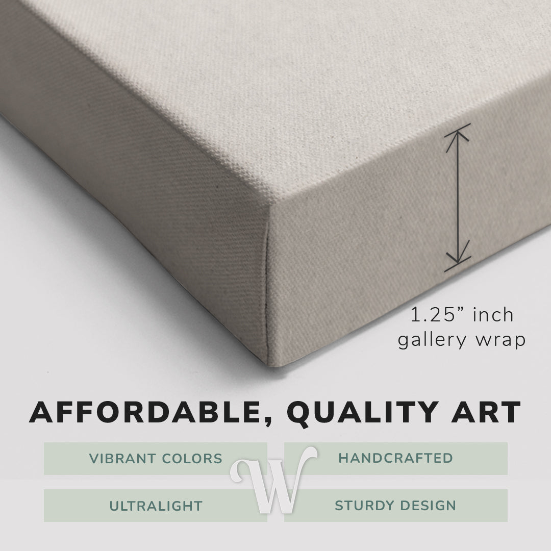 Corner shot of a Whelhung easy to hang canvas print showing the 1.25” inch gallery wrap thickness and graphic saying "Affordable, Quality Art", "Vibrant Colors", "Handcrafted", "Ultralight" and "Sturdy Design."
