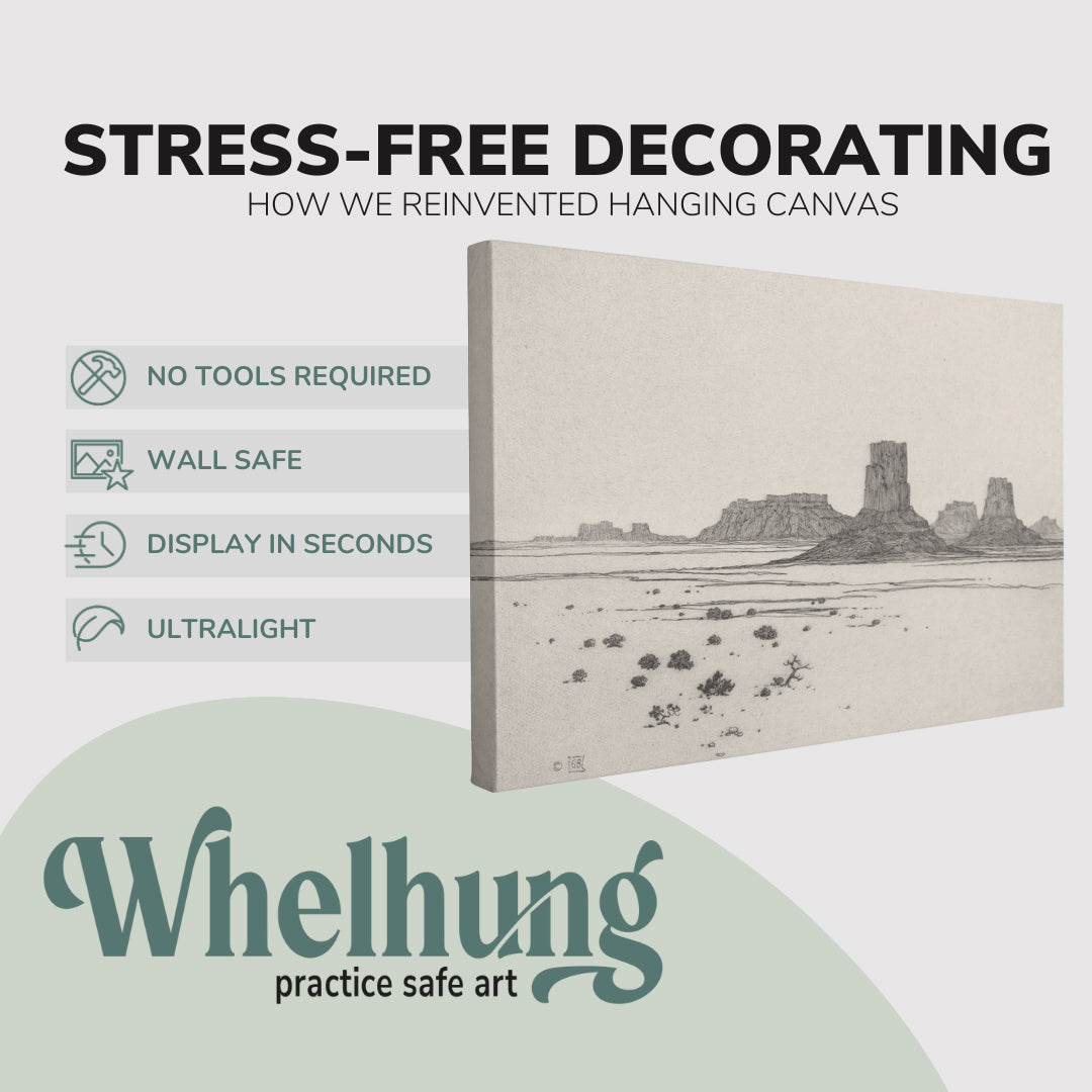 Single, 2:3 horizontal easy to hang canvas print on a graphic displaying the stress-free decorating Whelhung offers, how we reinvented hanging canvas: "no tools required", "wall safe", "display in seconds" and "ultralight."