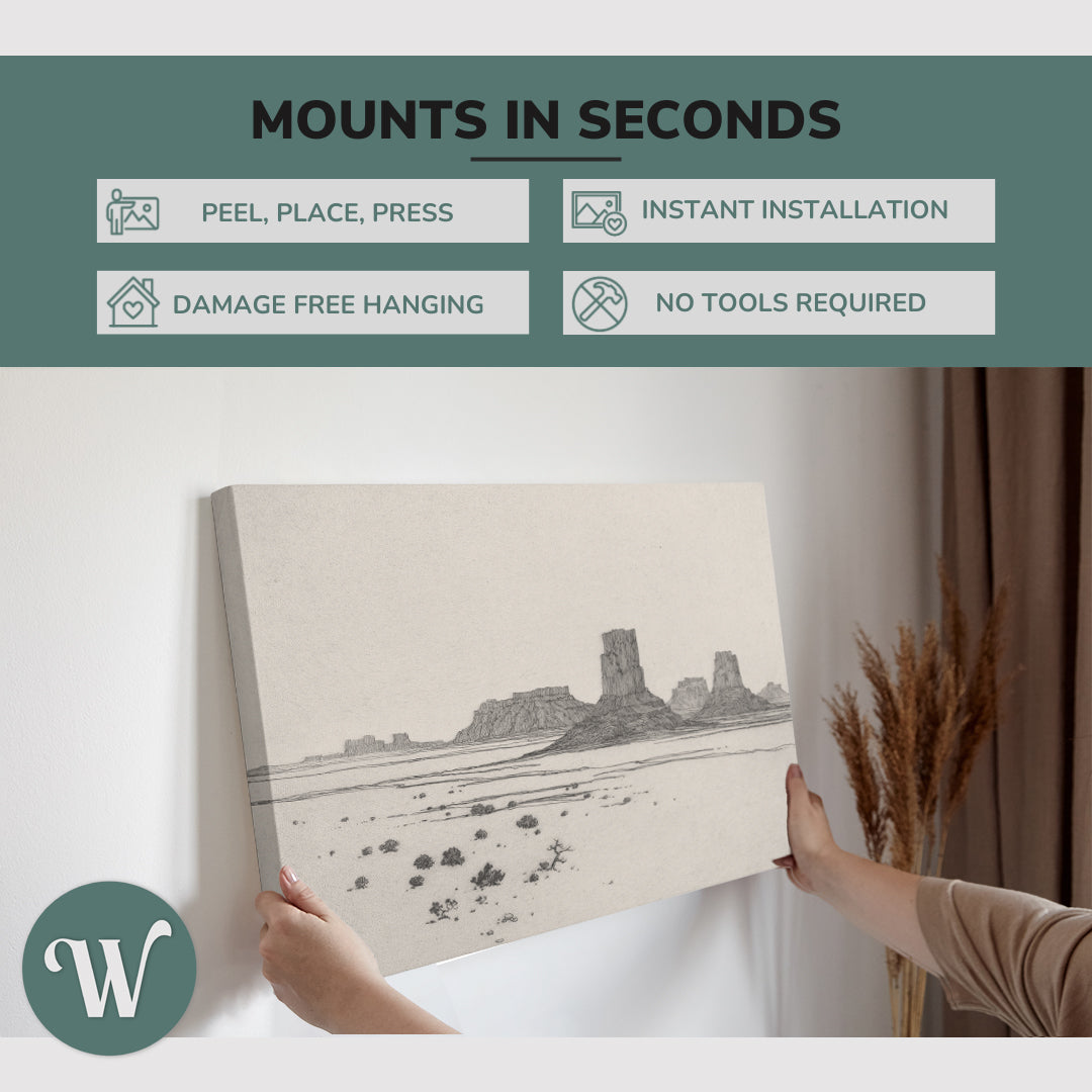 graphic showing hanging a single 2:3 horizontal 20x30” inch easy to hang canvas showing how easy it is to hang. Mounts in seconds, "peel, place, press", "instant installation", "damage free hanging" and "no tools required."