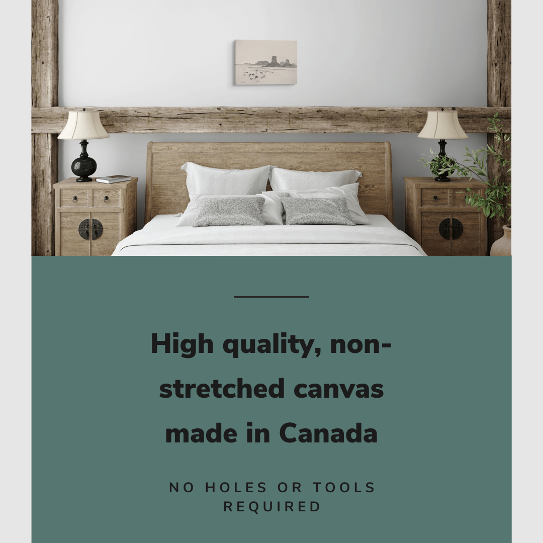 Lifestyle image of the horizontal 12x18” inch easy to hang canvas wall art hung in a rustic bedroom above the bed with graphic saying "High quality, non-stretched canvas made in Canada."