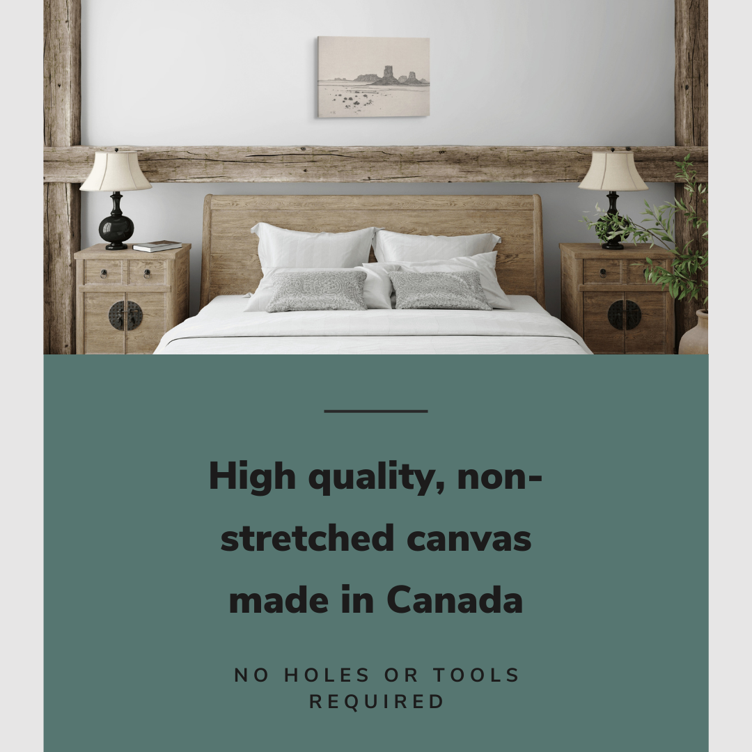 Lifestyle image of the horizontal 16x24” inch easy to hang canvas wall art hung in a rustic bedroom above a bed with graphic saying "High quality, non-stretched canvas made in Canada."