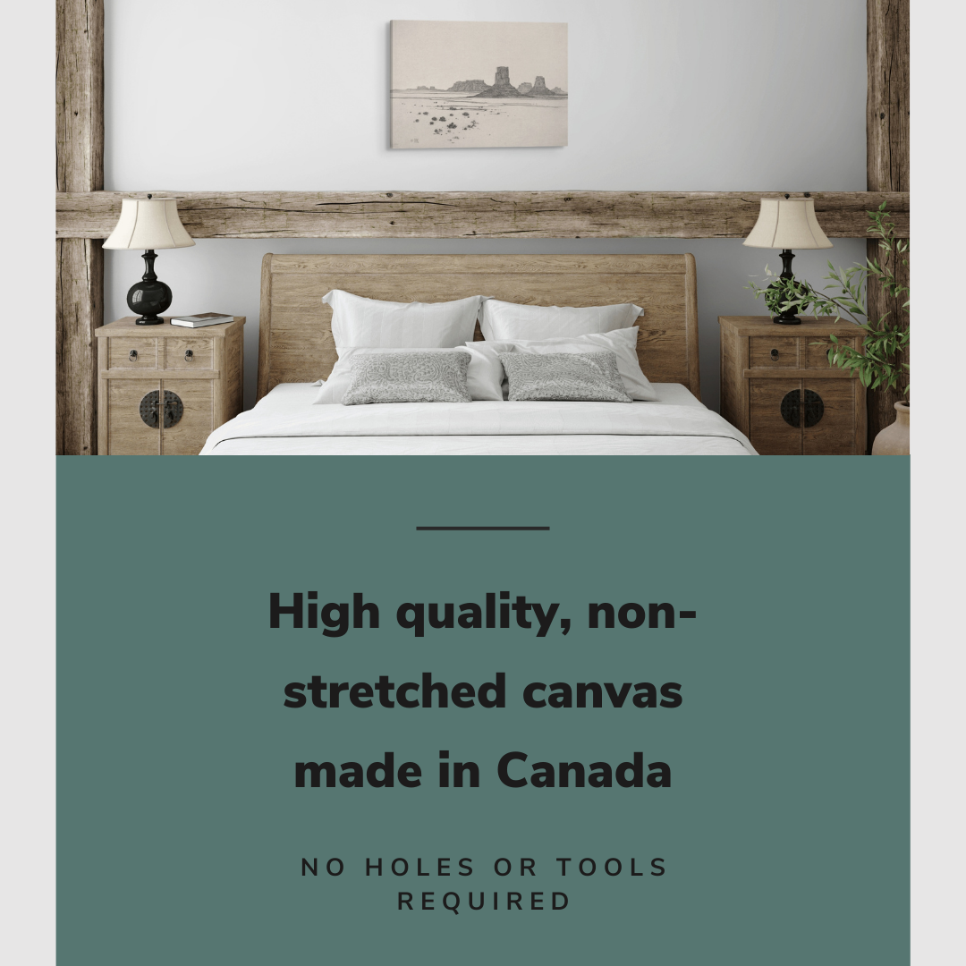 Lifestyle image of the horizontal, 20x30” inch easy to hang canvas wall art hung in a rustic bedroom above a bed with graphic saying "High quality, non-stretched canvas made in Canada"