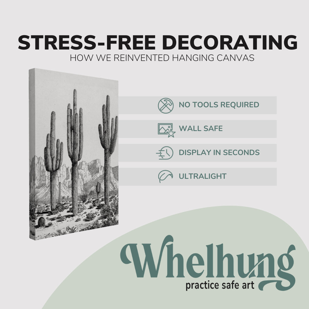 Single, 2:3 vertical easy to hang canvas print on a graphic displaying the stress-free decorating Whelhung offers, how we reinvented hanging canvas: "no tools required", "wall safe", "display in seconds" and "ultralight."