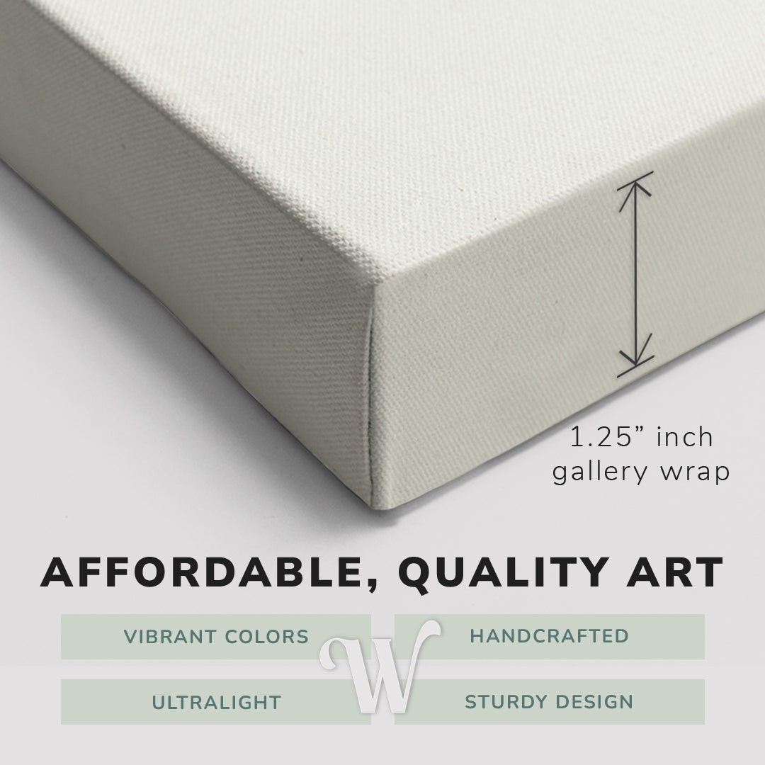 Corner shot of a Whelhung easy to hang canvas print showing the “thickness” inch gallery wrap thickness and graphic saying "Affordable, Quality Art", "Vibrant Colors", "Handcrafted", "Ultralight" and "Sturdy Design."