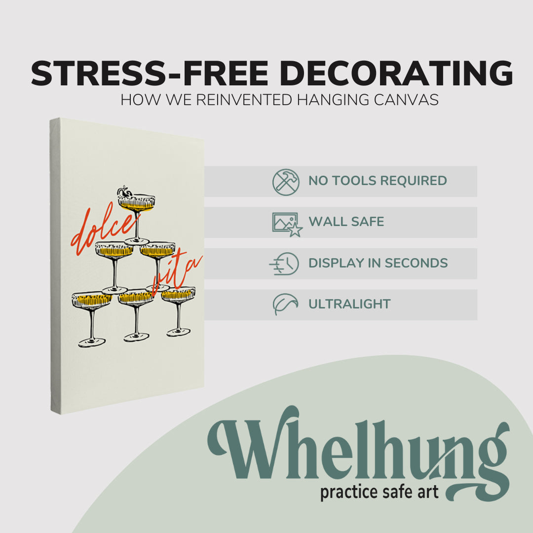 Single, 2:3 ratio vertical easy to hang canvas prints on a graphic displaying the stress-free decorating Whelhung offers, how we reinvented hanging canvas: "no tools required", "wall safe", "display in seconds" and "ultralight."