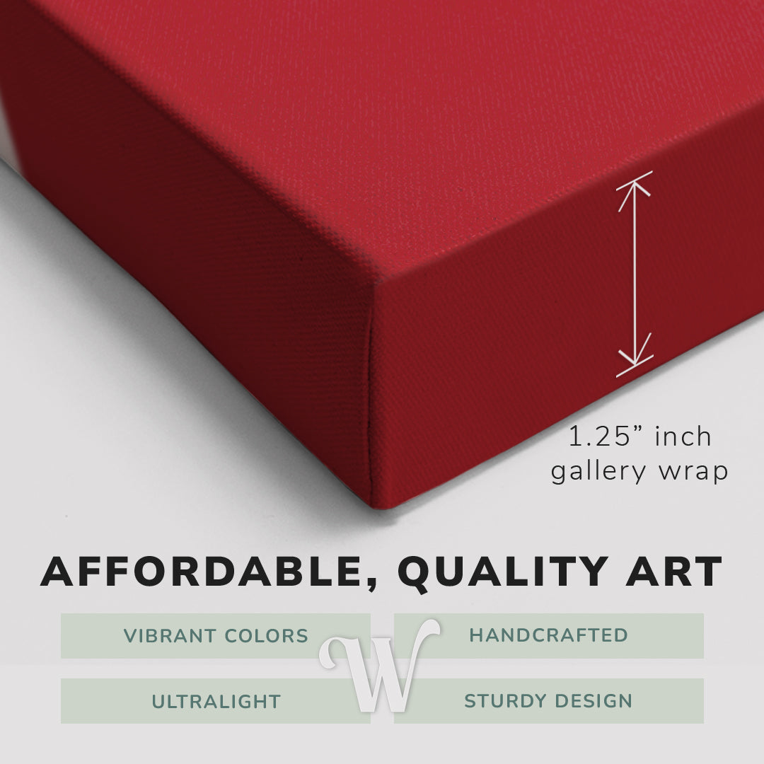 Corner shot of a Whelhung easy to hang canvas print showing the 1.25" inch gallery wrap thickness and graphic saying "Affordable, Quality Art", "Vibrant Colors", "Handcrafted", "Ultralight" and "Sturdy Design."