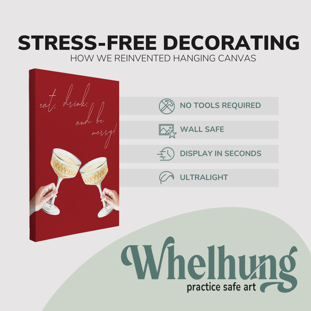 single, 2:3 vertical easy to hang canvas print on a graphic displaying the stress-free decorating Whelhung offers, how we reinvented hanging canvas: "no tools required", "wall safe"", "display in seconds" and "ultralight."