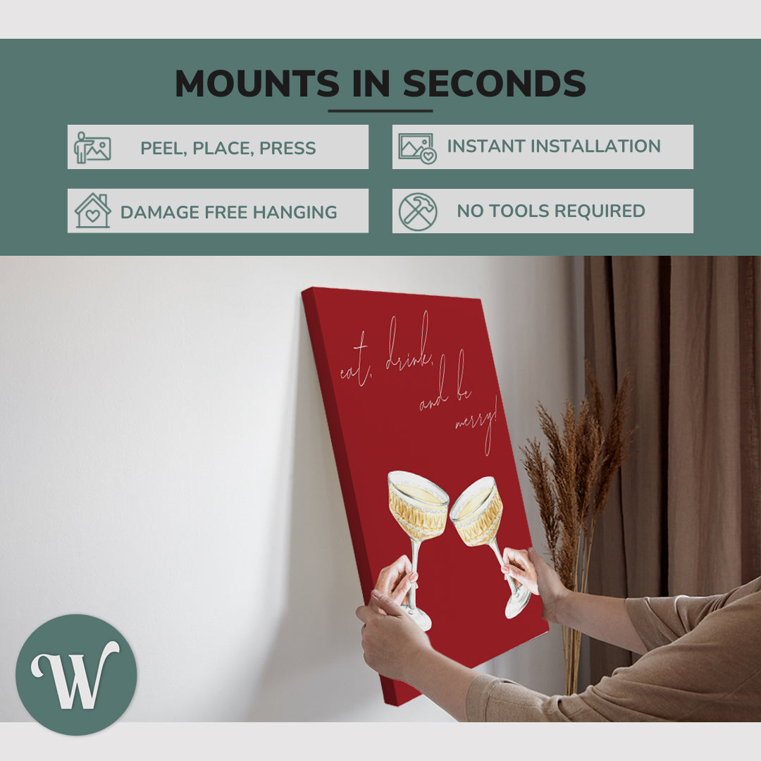 graphic showing hanging a single 2:3 vertical 20x30 inch easy to hang canvas showing how easy it is to hang. Mounts in seconds, "peel, place, press", "instant installation", "damage free hanging" and "no tools required."