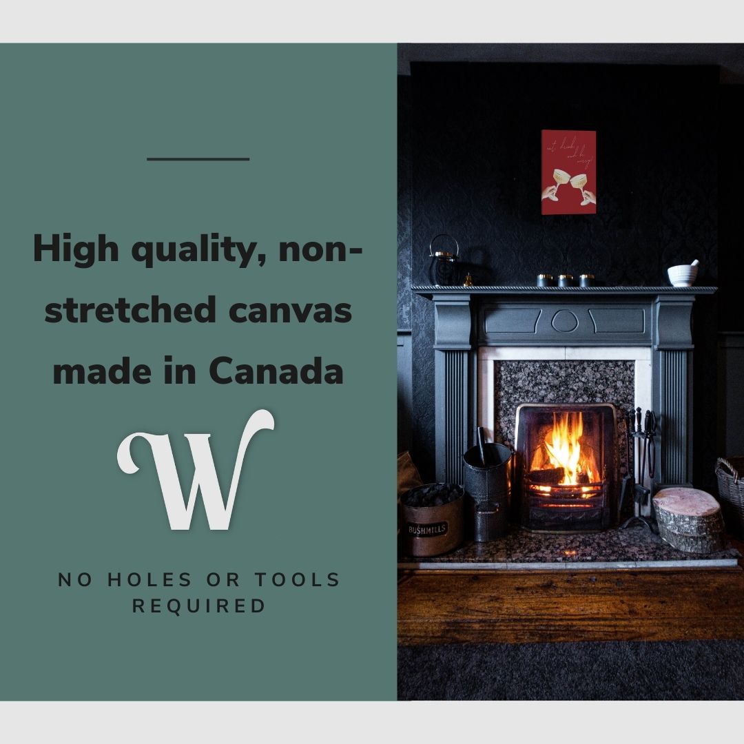 Lifestyle image of the vertical, 12x18 inch easy to hang canvas wall art hung in a christmas decorated living room above a fireplace with graphic saying "High quality, non-stretched canvas made in Canada"