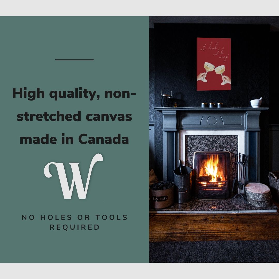 Lifestyle image of the vertical, 20x30 inch easy to hang canvas wall art hung in a christmas decorated living room above a fireplace with graphic saying "High quality, non-stretched canvas made in Canada"