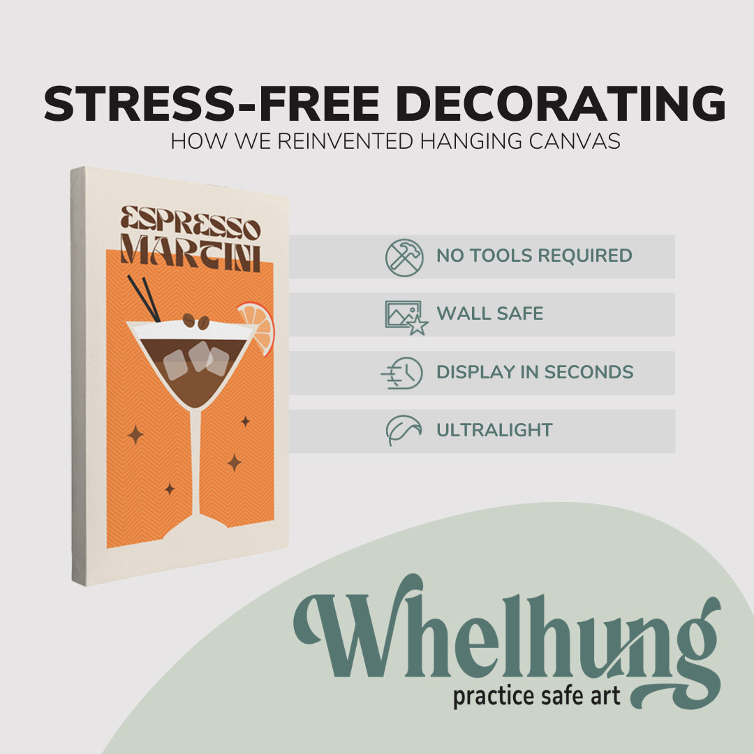 Single, 2:3 vertical easy to hang canvas print on a graphic displaying the stress-free decorating Whelhung offers, how we reinvented hanging canvas: "no tools required", "wall safe", "display in seconds" and "ultralight."