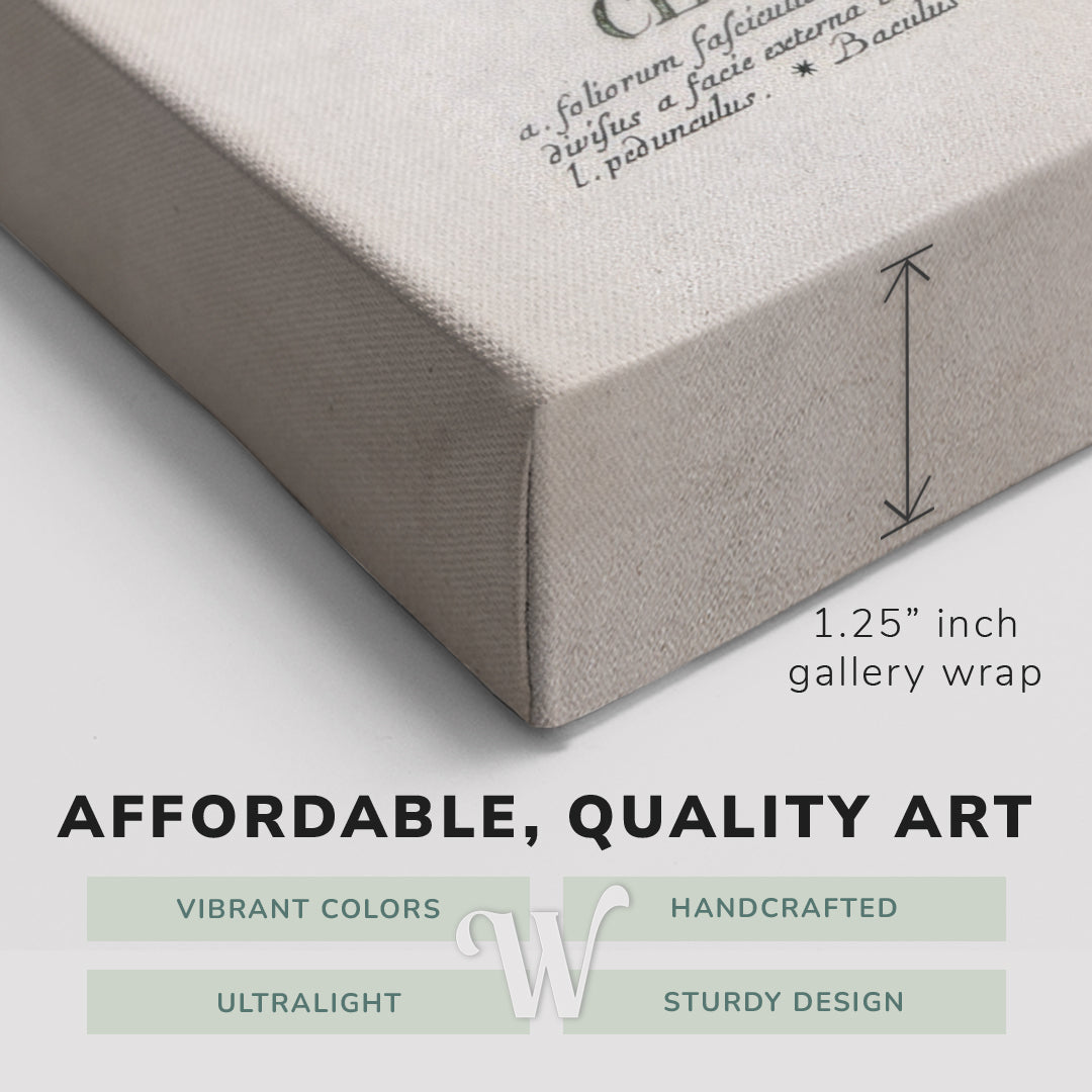 Corner shot of a Whelhung easy to hang canvas print showing the 1.25" inch gallery wrap thickness and graphic saying "Affordable, Quality Art", "Vibrant Colors", "Handcrafted", "Ultralight" and "Sturdy Design."