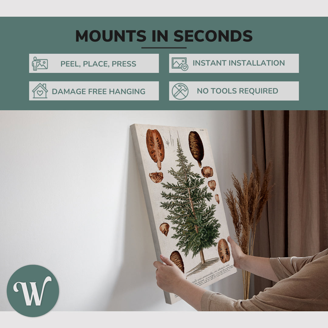 graphic showing hanging a single 2:3 vertical 20x30 inch easy to hang canvas showing how easy it is to hang. Mounts in seconds, "peel, place, press", "instant installation", "damage free hanging" and "no tools required."