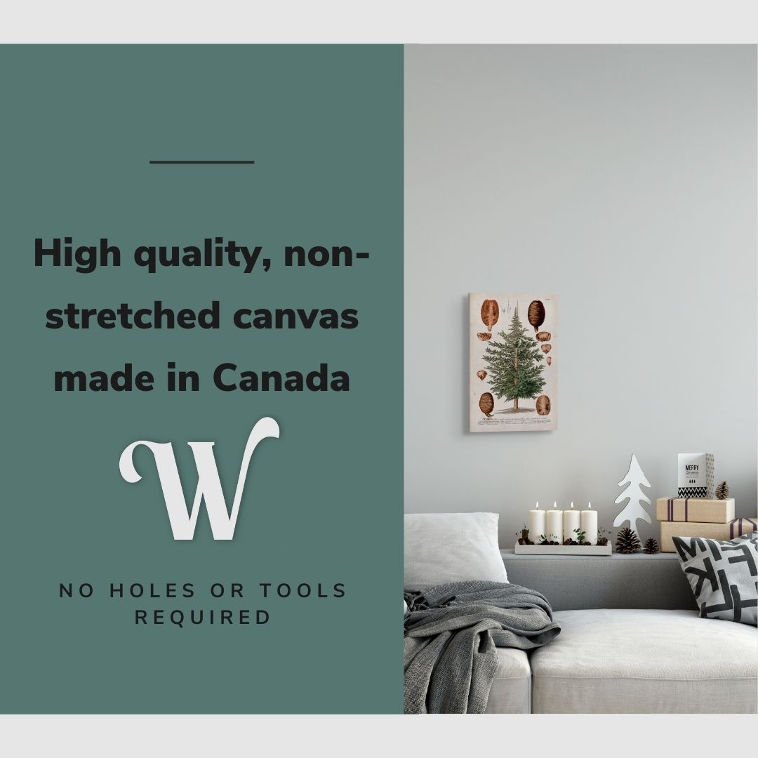 Lifestyle image of the vertical, 12x18 inch easy to hang canvas wall art hung in a christmas decorated living room above a couch with graphic saying "High quality, non-stretched canvas made in Canada"