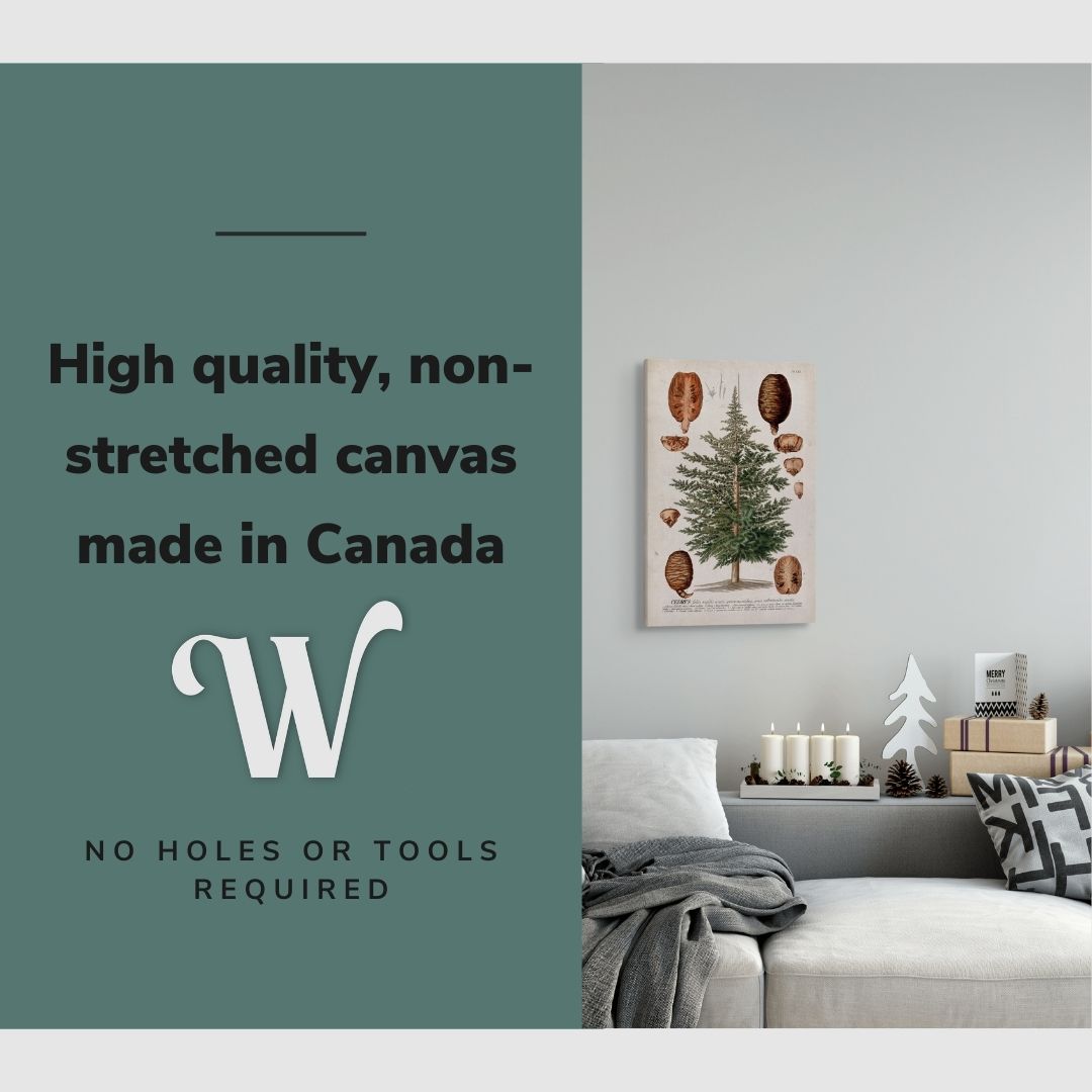 Lifestyle image of the vertical, 16x24 inch easy to hang canvas wall art hung in a christmas decorated living room above a couch with graphic saying "High quality, non-stretched canvas made in Canada"