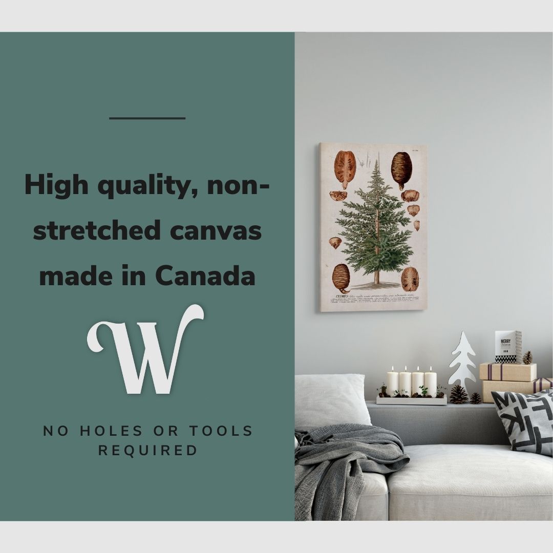 Lifestyle image of the vertical, 20x30 inch easy to hang canvas wall art hung in a christmas decorated living room above a couch with graphic saying "High quality, non-stretched canvas made in Canada"