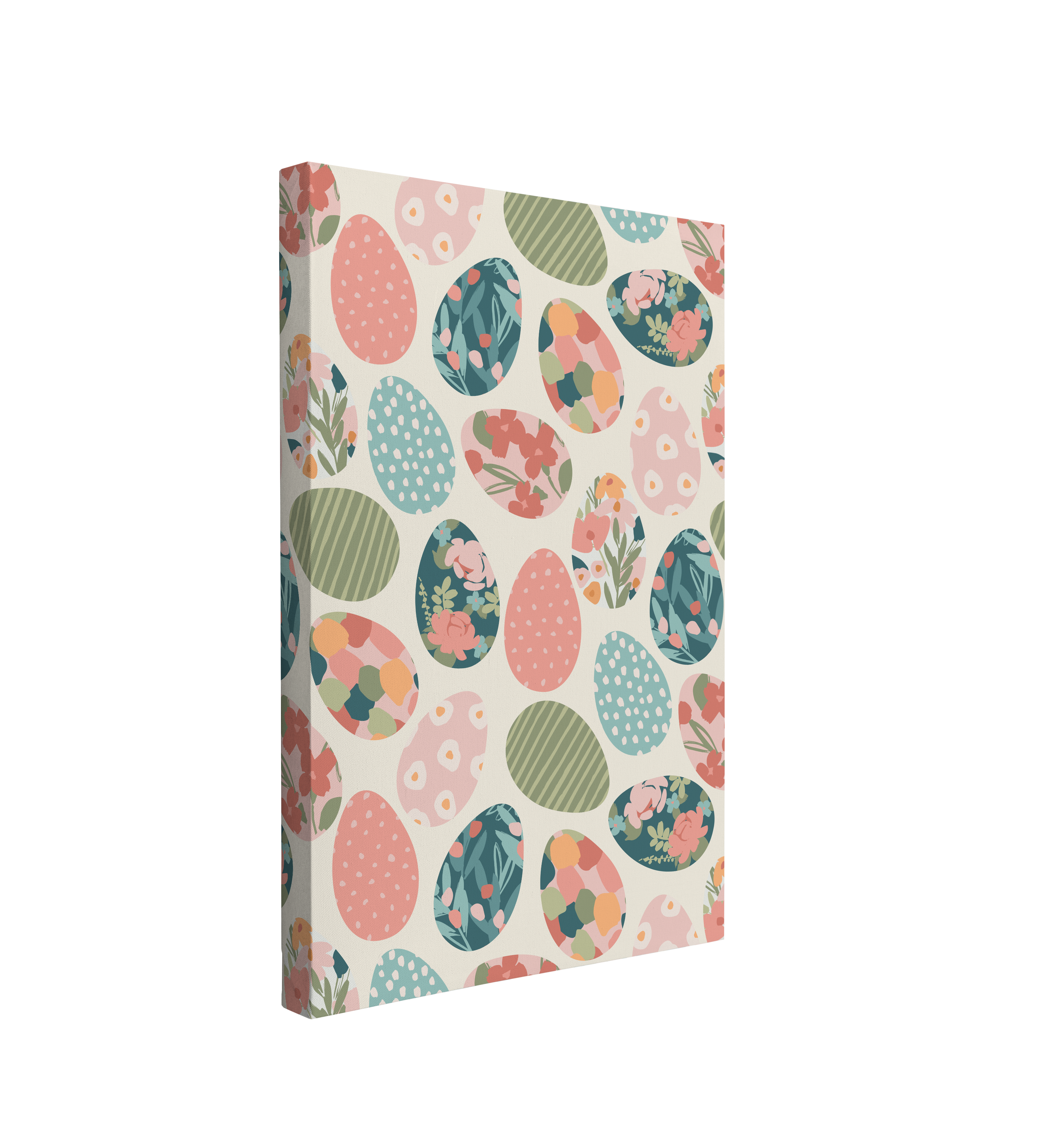 single, 2:3 vertical easy to hang canvas print on a transparent background featuring an image of pattern of easter eggs decorated in florals and pastel colors like pink, blue and green on a light beige background