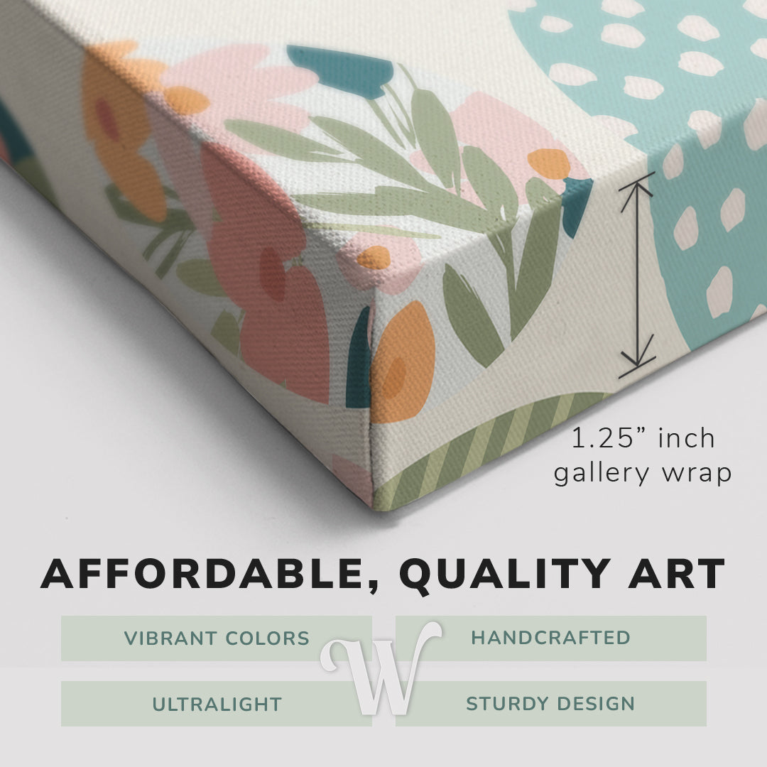 Corner shot of a Whelhung easy to hang canvas print showing the 1.25" inch gallery wrap thickness and graphic saying "Affordable, Quality Art", "Vibrant Colors", "Handcrafted", "Ultralight" and "Sturdy Design."