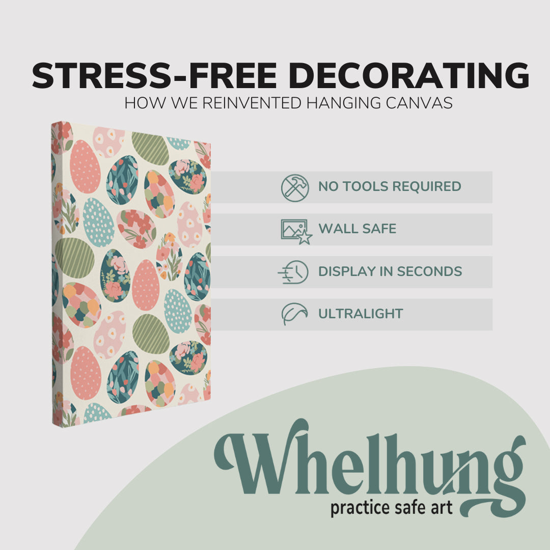 single, 2:3 vertical easy to hang canvas print on a graphic displaying the stress-free decorating Whelhung offers, how we reinvented hanging canvas: "no tools required", "wall safe"", "display in seconds" and "ultralight."