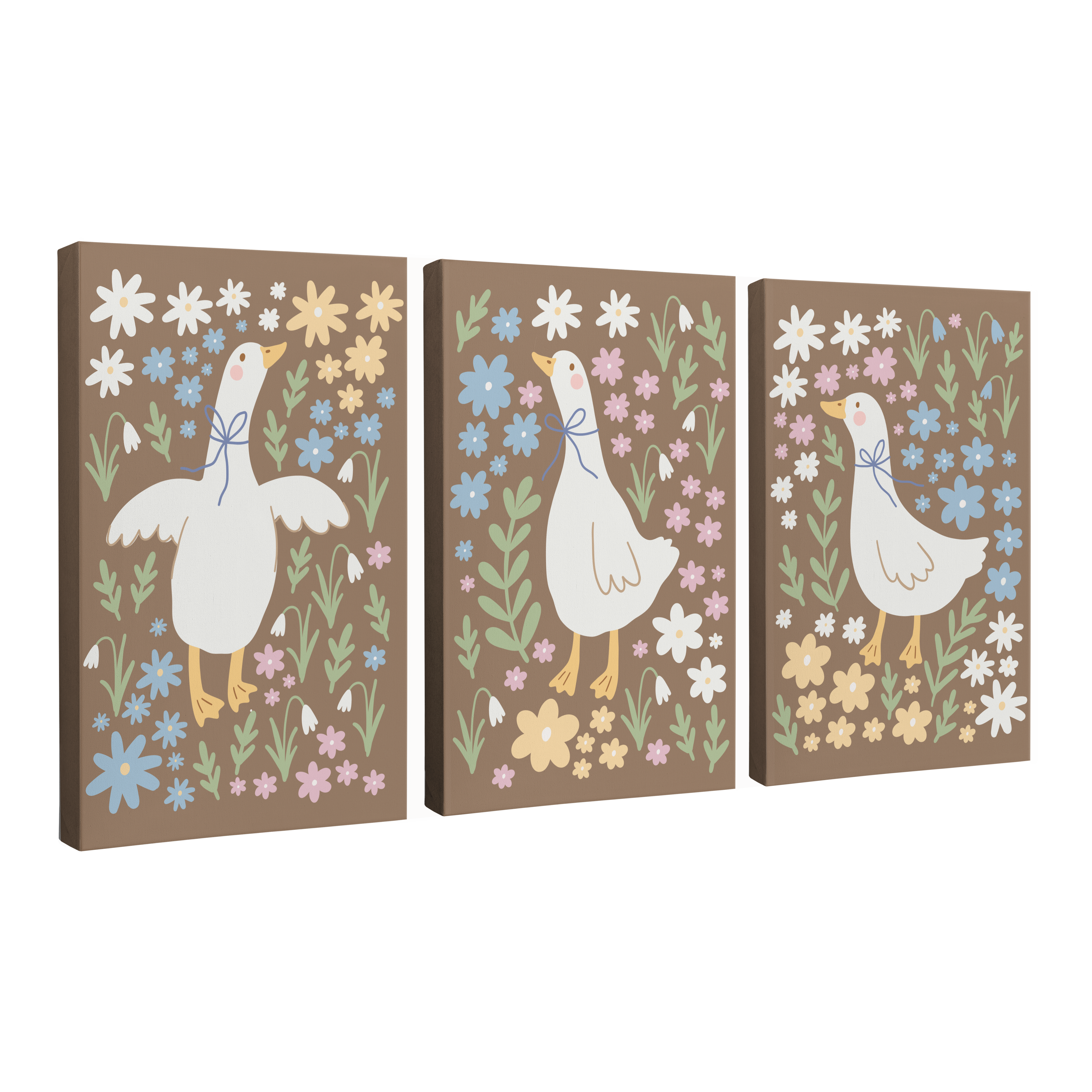 3 Panel, 2:3 vertical easy to hang canvas print on a transparent background featuring an image of three panels of different white geese graphics posed with pastel flowers and botanicals surrounding them