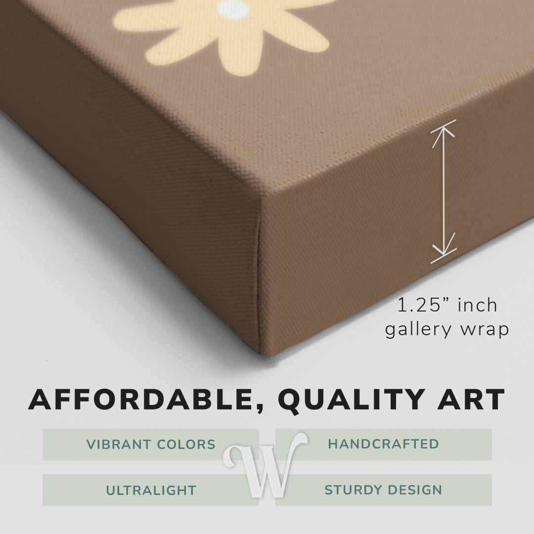 Corner shot of a Whelhung easy to hang canvas print showing the 1.25" inch gallery wrap thickness and graphic saying "Affordable, Quality Art", "Vibrant Colors", "Handcrafted", "Ultralight" and "Sturdy Design."