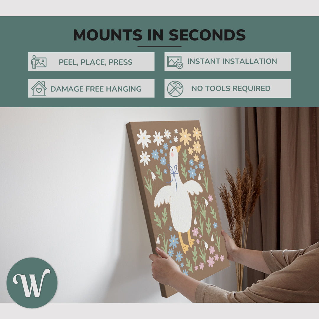 graphic showing hanging one of a 3 Panel 2:3 vertical 30x60 inch easy to hang canvas showing how easy it is to hang. Mounts in seconds, "peel, place, press", "instant installation", "damage free hanging" and "no tools required."