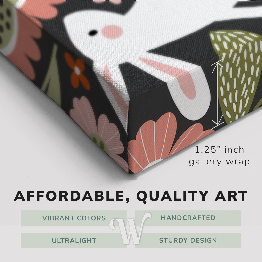 Corner shot of a Whelhung easy to hang canvas print showing the 1.25" inch gallery wrap thickness and graphic saying "Affordable, Quality Art", "Vibrant Colors", "Handcrafted", "Ultralight" and "Sturdy Design."