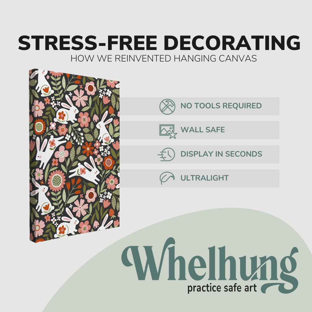 single, 2:3 vertical easy to hang canvas print on a graphic displaying the stress-free decorating Whelhung offers, how we reinvented hanging canvas: "no tools required", "wall safe"", "display in seconds" and "ultralight."