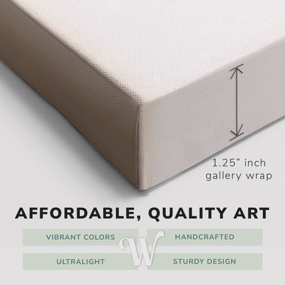 Corner shot of a Whelhung easy to hang canvas print showing the 1.25" inch gallery wrap thickness and graphic saying "Affordable, Quality Art", "Vibrant Colors", "Handcrafted", "Ultralight" and "Sturdy Design."