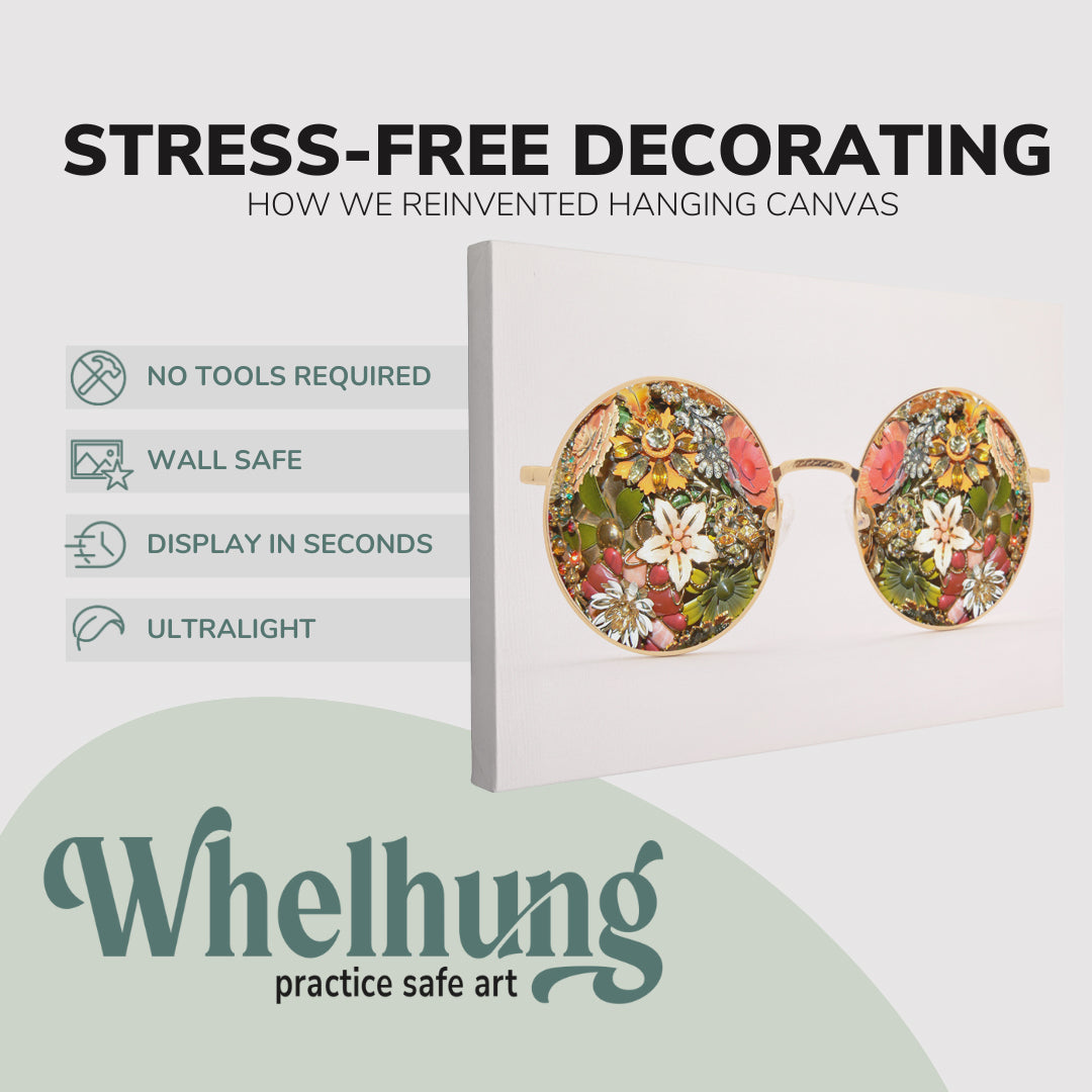 single, 2:3 horizontal easy to hang canvas print on a graphic displaying the stress-free decorating Whelhung offers, how we reinvented hanging canvas: "no tools required", "wall safe"", "display in seconds" and "ultralight."