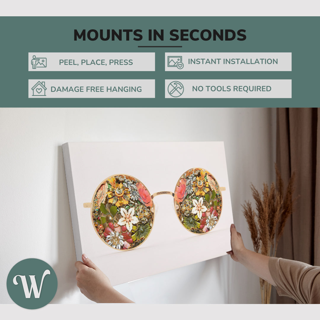 graphic showing hanging a single 2:3 horizontal 20x30 inch easy to hang canvas showing how easy it is to hang. Mounts in seconds, "peel, place, press", "instant installation", "damage free hanging" and "no tools required."