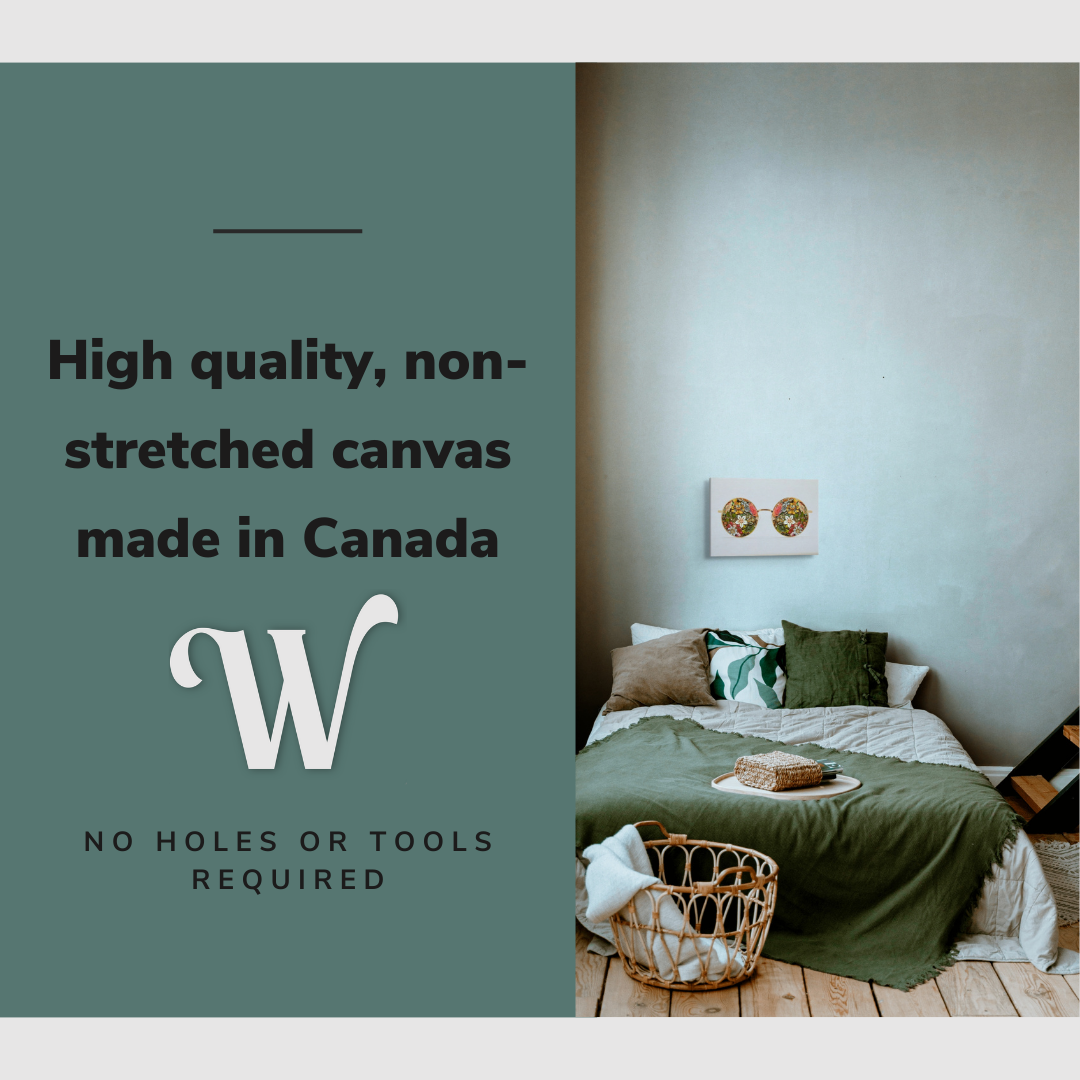 Lifestyle image of the vertical, 12x18 inch easy to hang canvas wall art hung in a coastal bedroom above a bed with graphic saying "High quality, non-stretched canvas made in Canada"