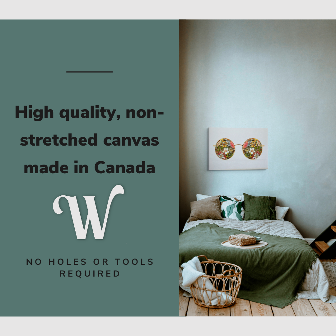 Lifestyle image of the vertical, 20x30 inch easy to hang canvas wall art hung in a coastal bedroom above a bed with graphic saying "High quality, non-stretched canvas made in Canada"
