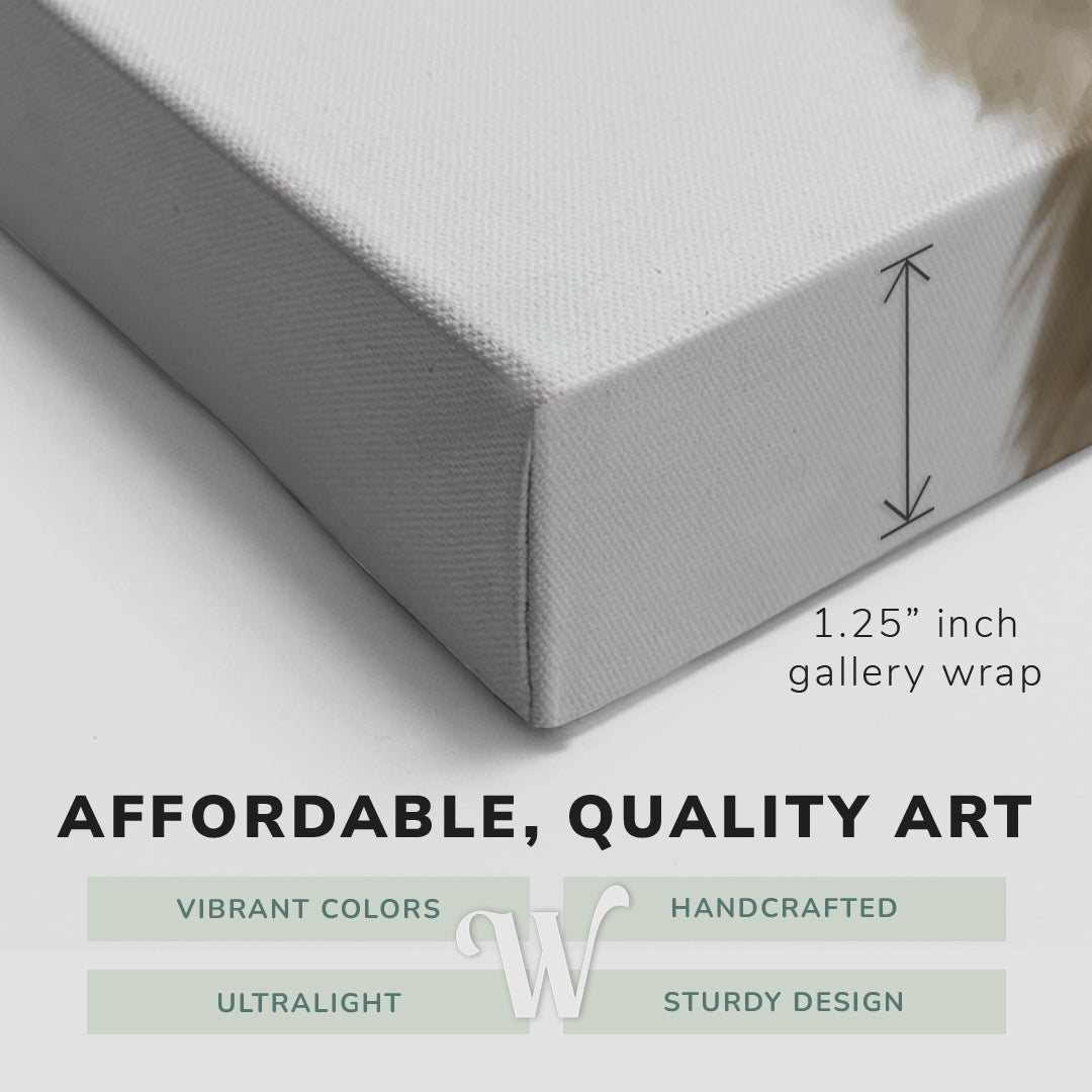 Corner shot of a Whelhung easy to hang canvas print showing the 1.25" inch gallery wrap thickness and graphic saying "Affordable, Quality Art", "Vibrant Colors", "Handcrafted", "Ultralight" and "Sturdy Design."