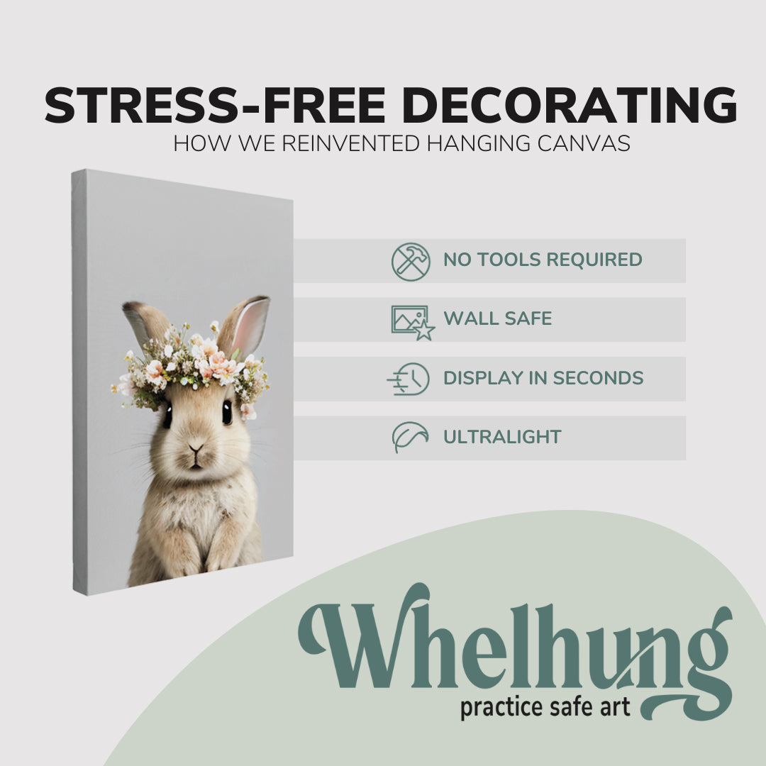 single, 2:3 vertical easy to hang canvas print on a graphic displaying the stress-free decorating Whelhung offers, how we reinvented hanging canvas: "no tools required", "wall safe"", "display in seconds" and "ultralight."