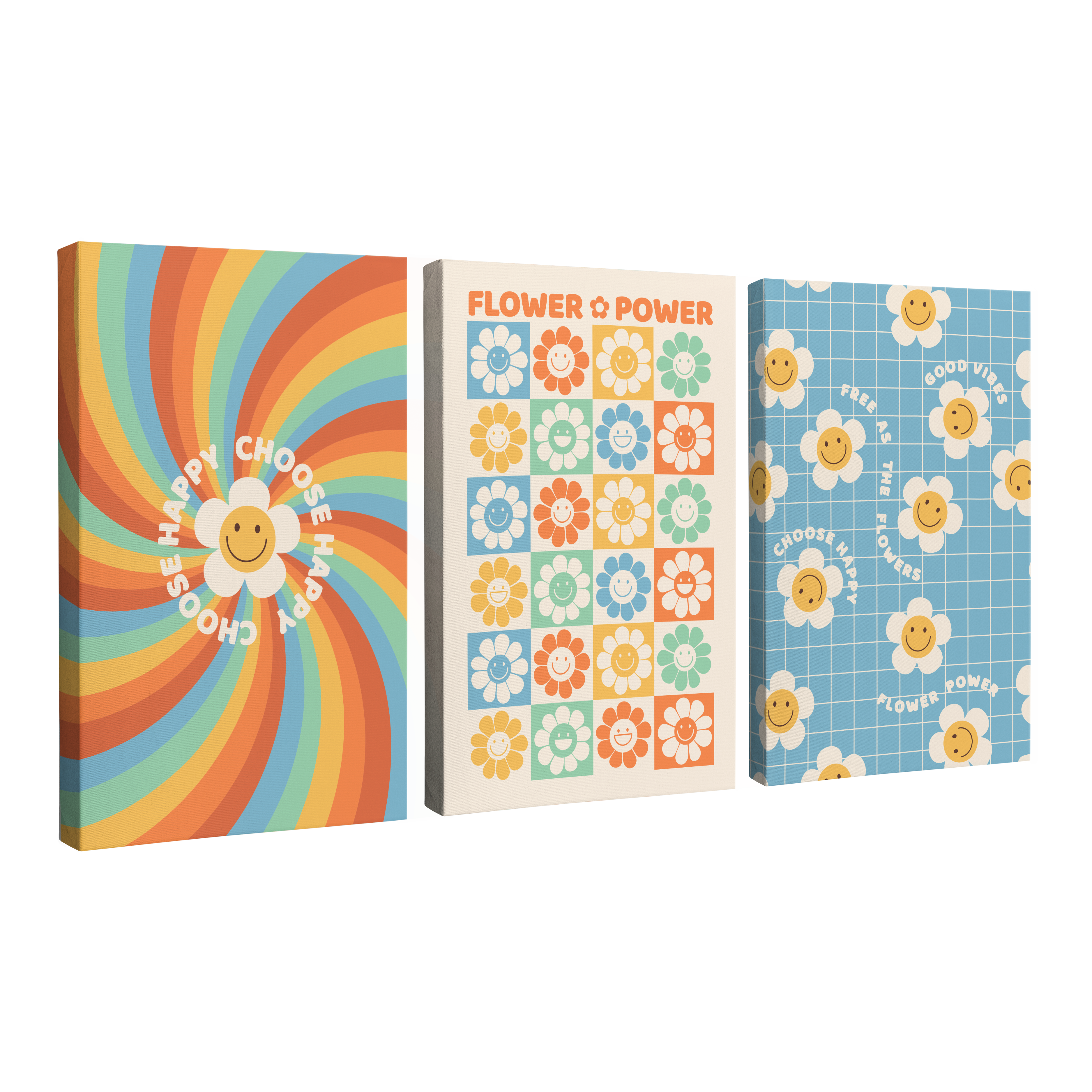 3 Panel, 2:3 vertical easy to hang canvas print on a transparent background featuring an image of three panels of different hippie graphics with a white smiling daisy in vintage colors and designs
