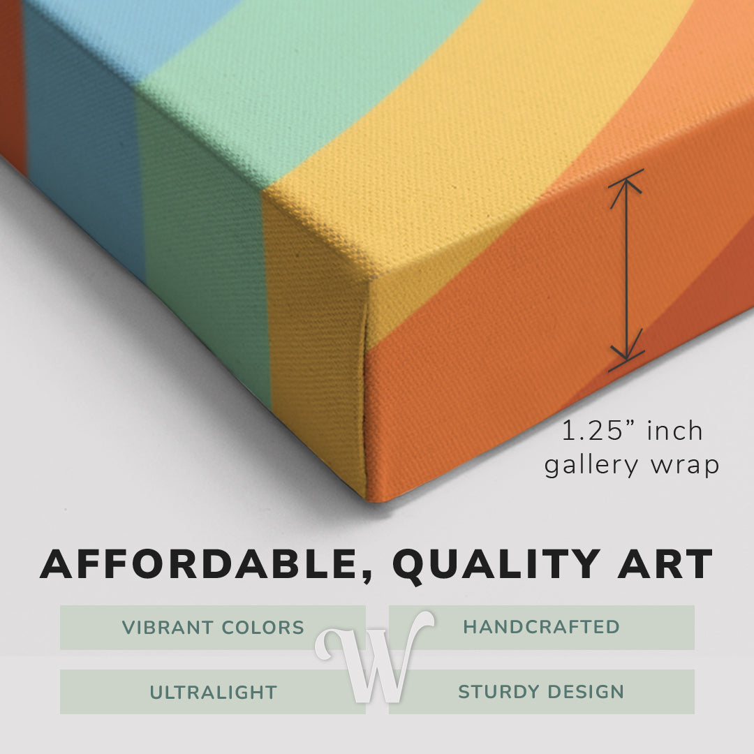 Corner shot of a Whelhung easy to hang canvas print showing the 1.25" inch gallery wrap thickness and graphic saying "Affordable, Quality Art", "Vibrant Colors", "Handcrafted", "Ultralight" and "Sturdy Design."