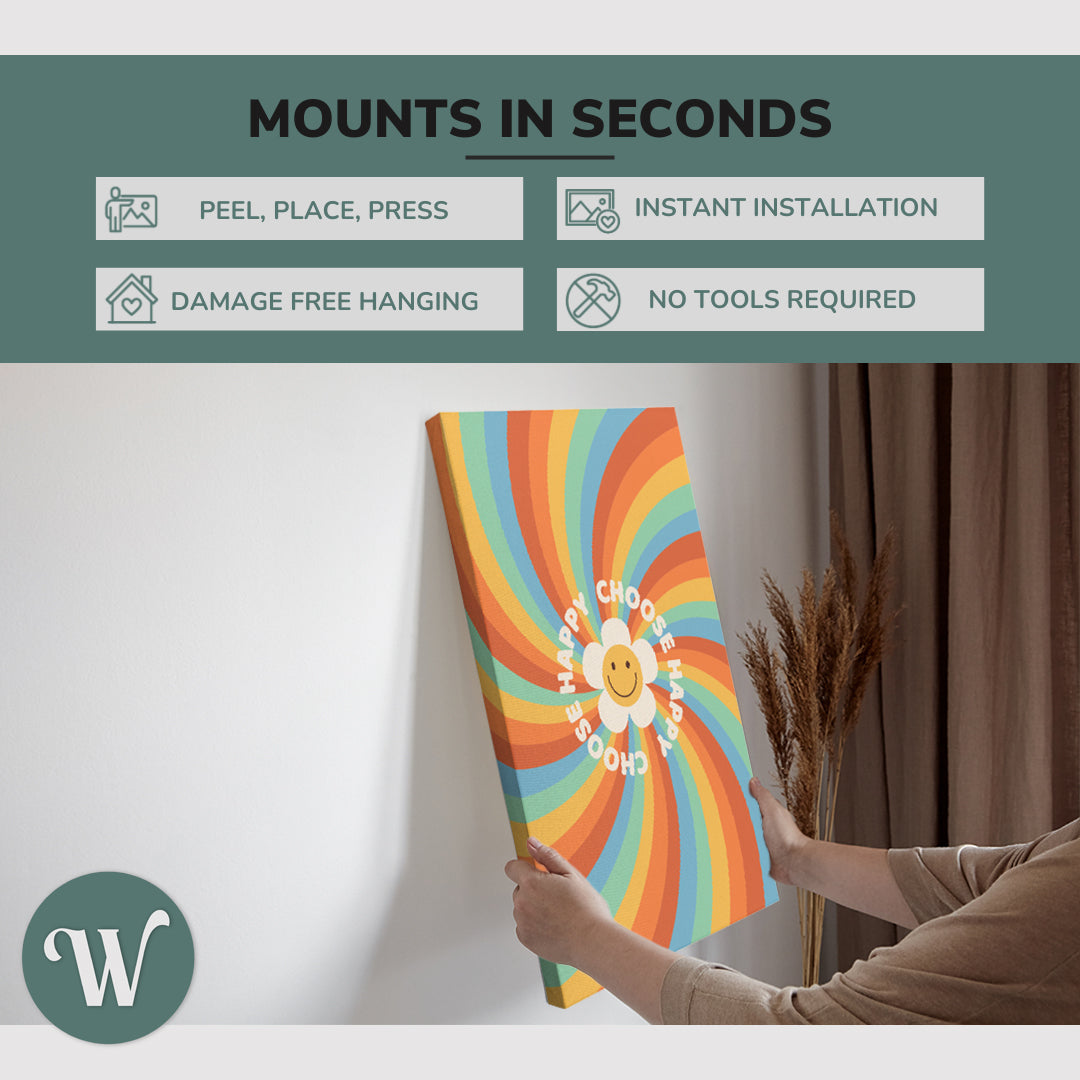 graphic showing hanging one of a 3 Panel 2:3 vertical 30x60 inch easy to hang canvas showing how easy it is to hang. Mounts in seconds, "peel, place, press", "instant installation", "damage free hanging" and "no tools required."