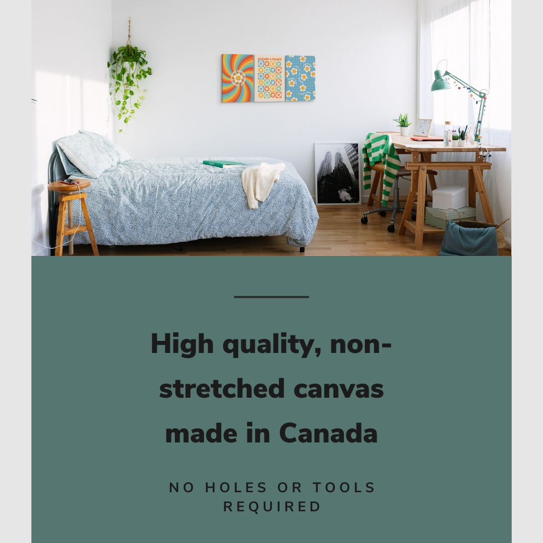 Lifestyle image of the vertical, 18x36 inch easy to hang canvas wall art hung in hung in teen's bedroom over the bed and beside the desk with graphic saying "High quality, non-stretched canvas made in Canada"