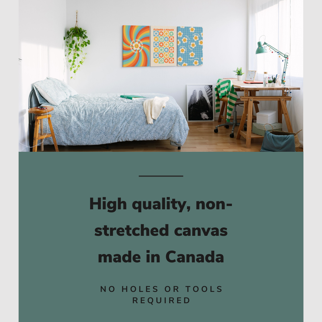 Lifestyle image of the vertical, 24x48 inch easy to hang canvas wall art hung in hung in teen's bedroom over the bed and beside the desk with graphic saying "High quality, non-stretched canvas made in Canada"
